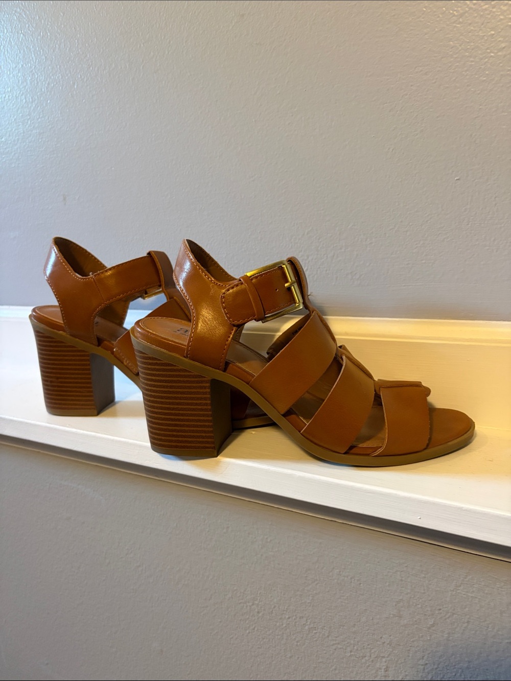 a.n.a Cognac Strappy Block Heel Sandals with Buckle Accent